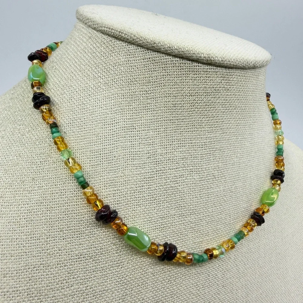 Necklace Vintage Green Amber Tone Glass Beaded Cottagecore Boho Statement Chain